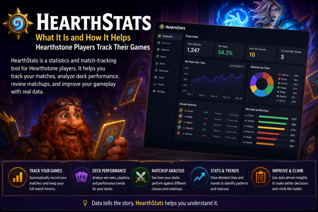 HearthStats Hearthstone game tracker showing match statistics, deck performance, win rates, and matchup analysis