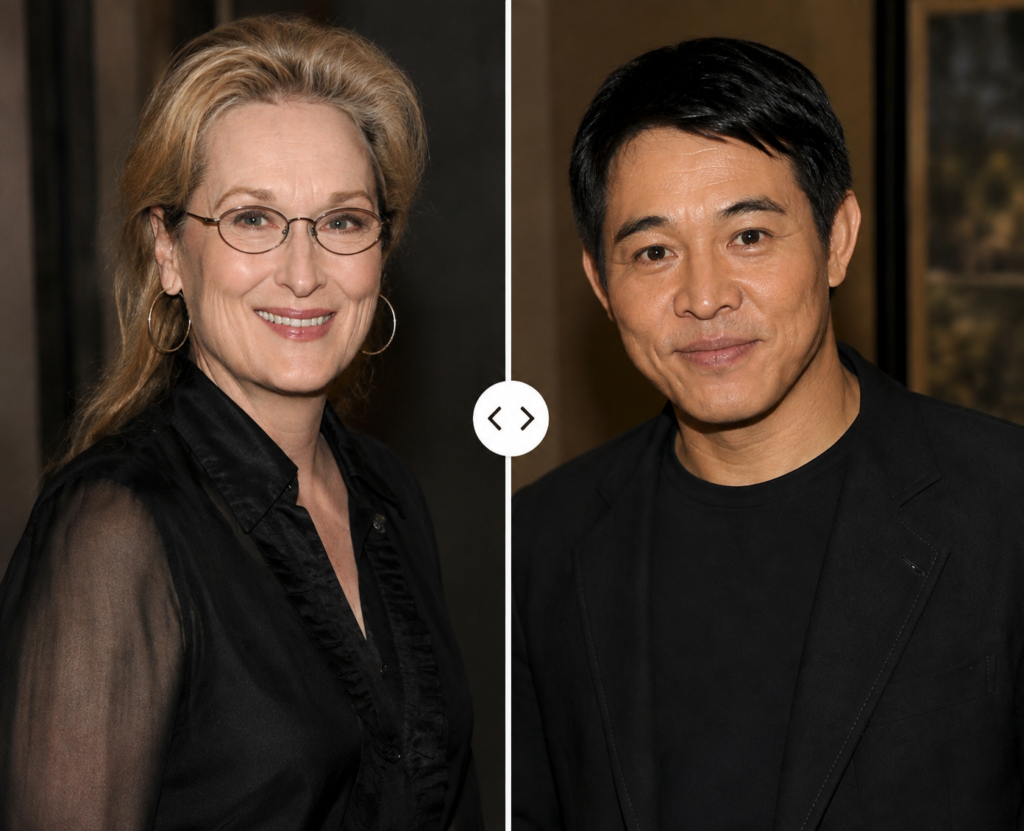 Meryl Streep and Jet Li side-by-side with a center comparison slider