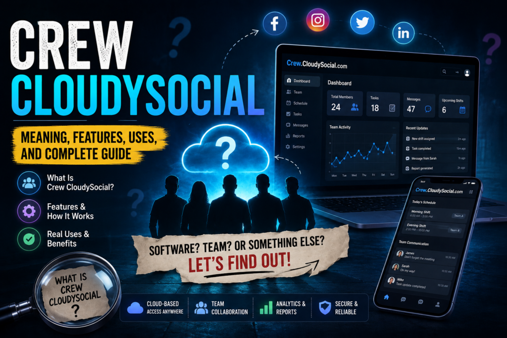 Crew CloudySocial guide showing a team collaboration dashboard, cloud platform, and social media features