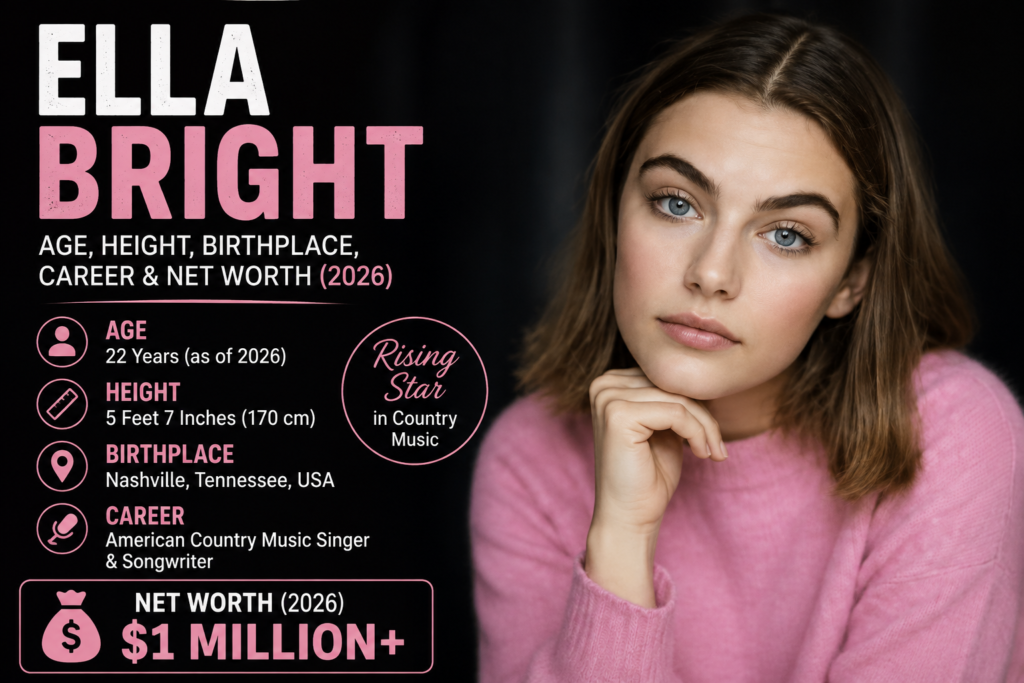 Ella Bright portrait with details about her age, height, birthplace, country music career, and estimated 2026 net worth.