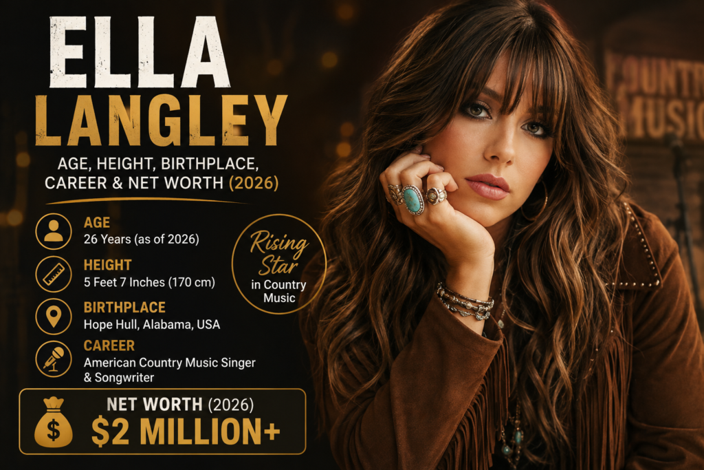 Ella Langley portrait featuring the country music singer and songwriter, with details about her age, height, birthplace, career, and estimated net worth in 2026.