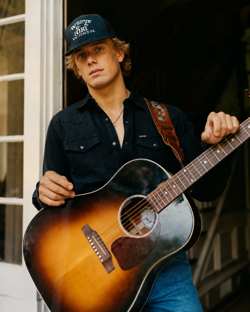 Hudson Westbrook holding a sunburst acoustic guitar while standing in a doorway, wearing a black cap and dark shirt.