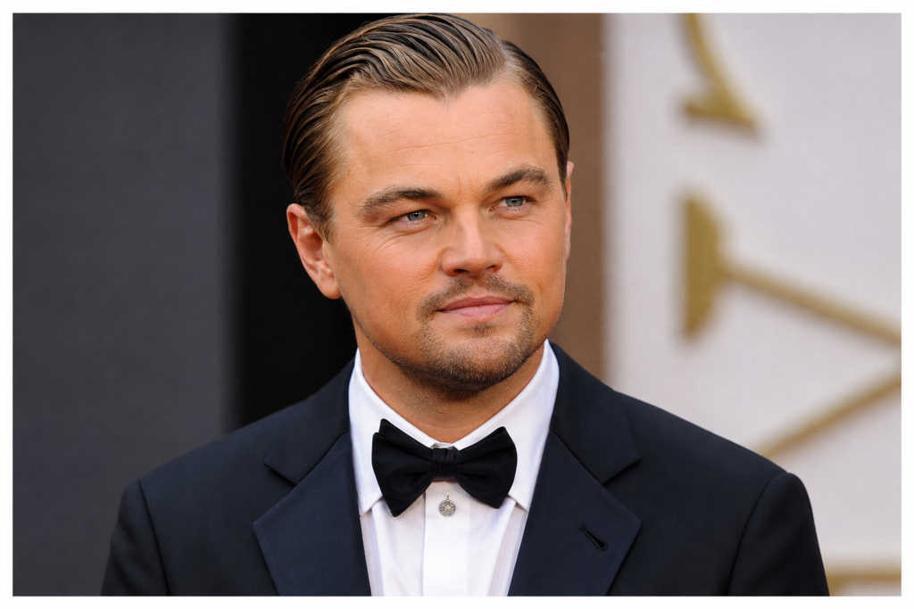 Leonardo DiCaprio in a black tuxedo at a formal event