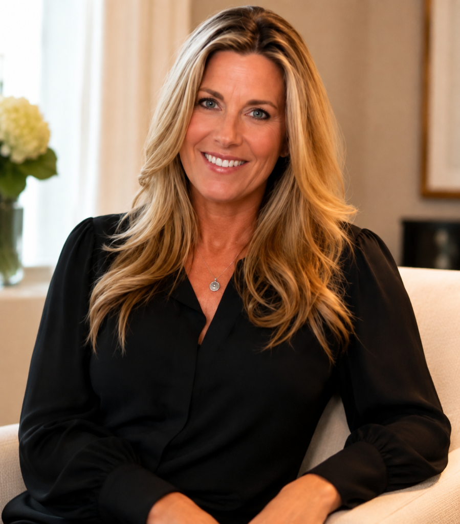 Smiling blonde woman in a black blouse sitting indoors